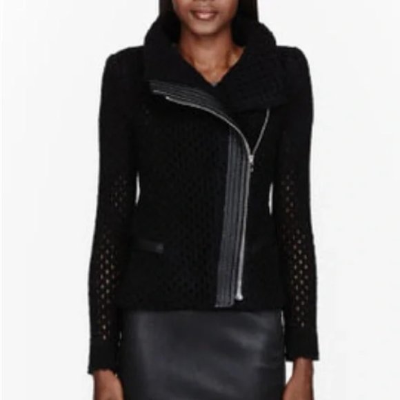 IRO Black Open Knit Noa Leather Trim Moto Jacket | Size 36 - Picture 1 of 15